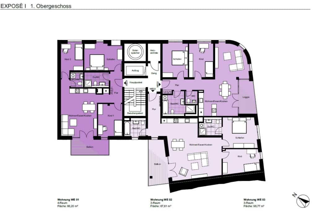 Grundriss 1. Obergeschoss Solardomizil V mit den Wohnungen WE 01 (4-Raum, 86,20 m²), WE 02 (3-Raum, 87,61 m²) und WE 03 (3-Raum, 98,77 m²)