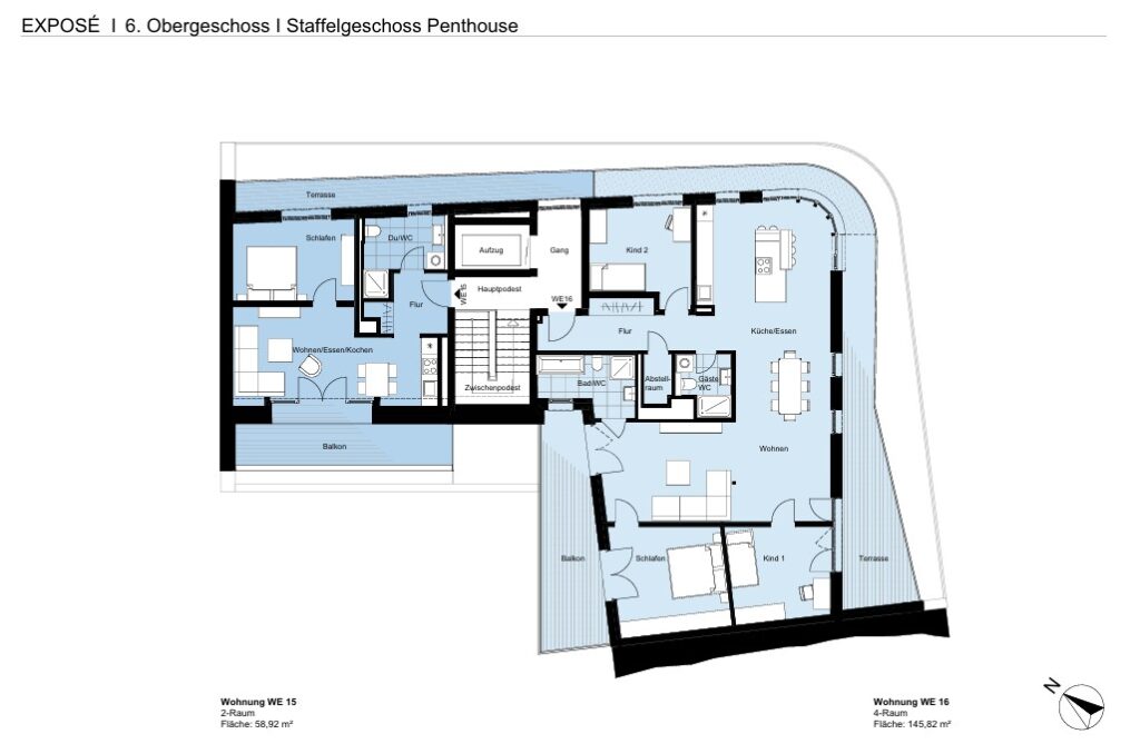 Grundriss Penthouse-Geschoss (6. Obergeschoss, Staffelgeschoss) Solardomizil V mit den Wohnungen WE 15 (2-Raum, 58,92 m²) und WE 16 (4-Raum, 145,82 m²)